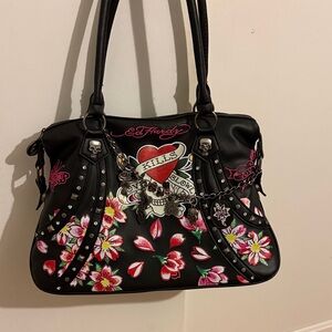 Ed Hardy Black and Pink Floral Shoulder Bag